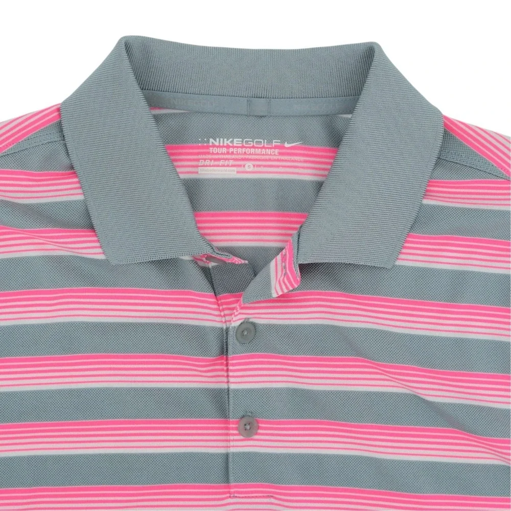 Nike Golf Mens S Polo Pink Gray Striped Tour Performance Dri Fit Stretch Shirt‎